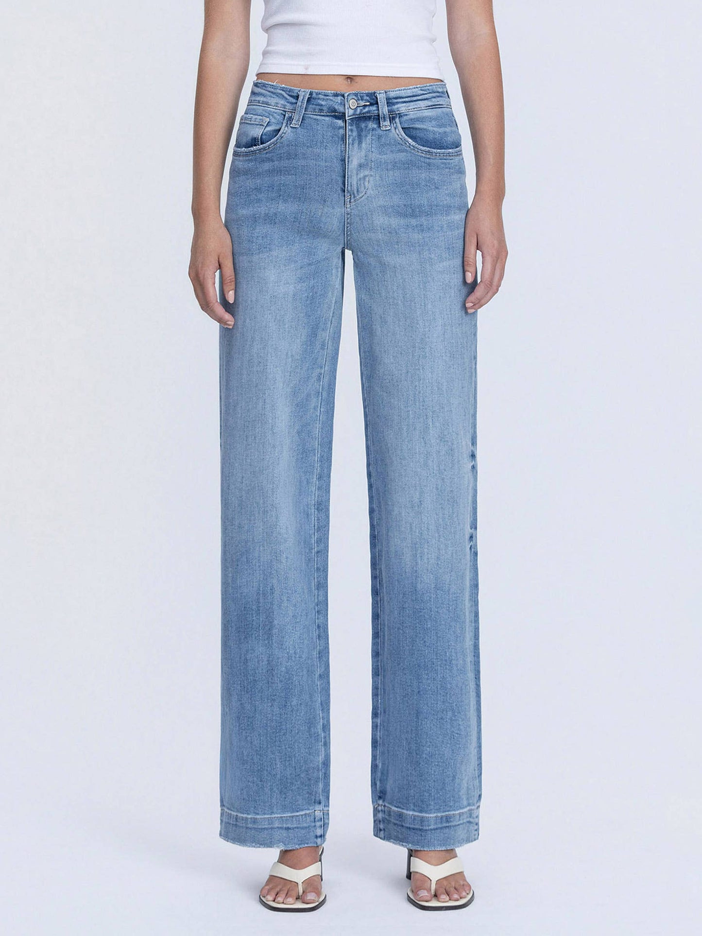 HIGH RISE MEDIUM WASH TROUSER HEM WIDE LEG JEANS F5391: PERMISSIBLE