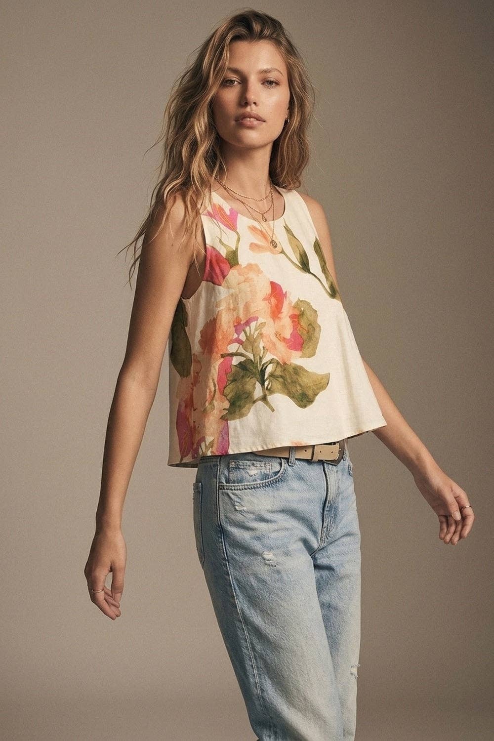Cream Floral Print Sleeveless Top