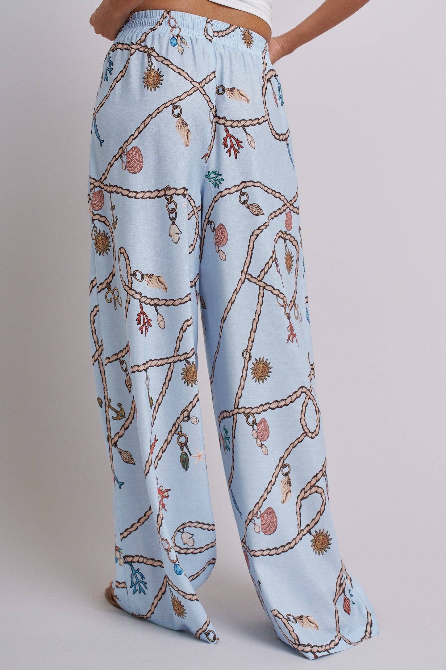 Rope Print Wide Leg Maxi Pants With Drawstring: Blue