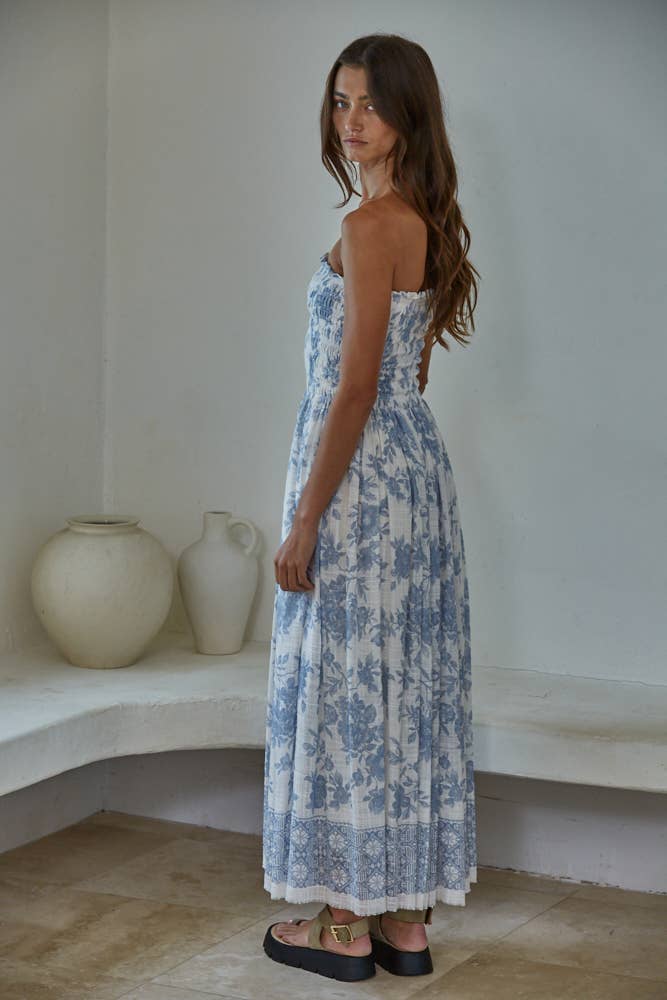 Floral Smocked Strapless Midi: Ivory Blue