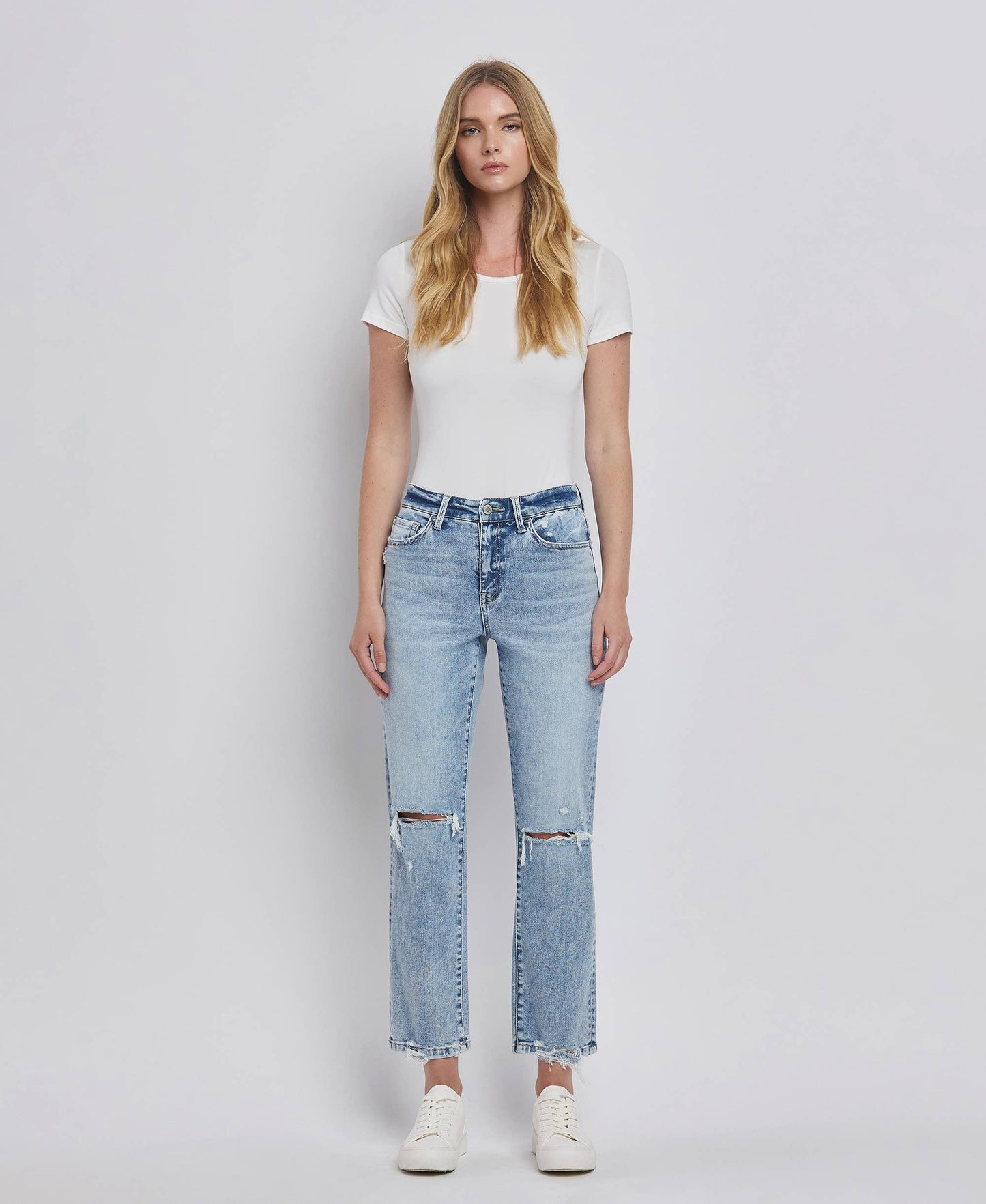 HIGH RISE DISTRESSED STRAIGHT JEANS F5689: VIVID