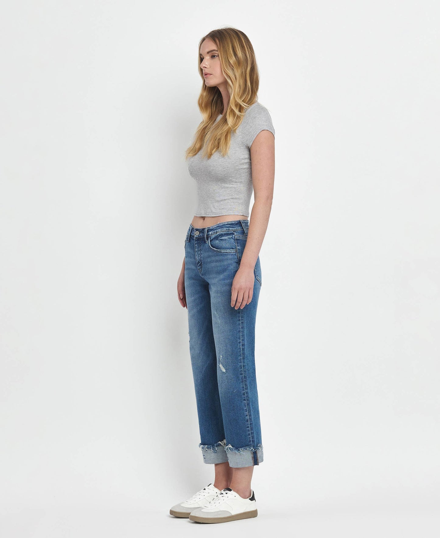 Flying Monkey - Four Season Mid Rise Raw Cuffed Hem Slim Wide Leg Jeans