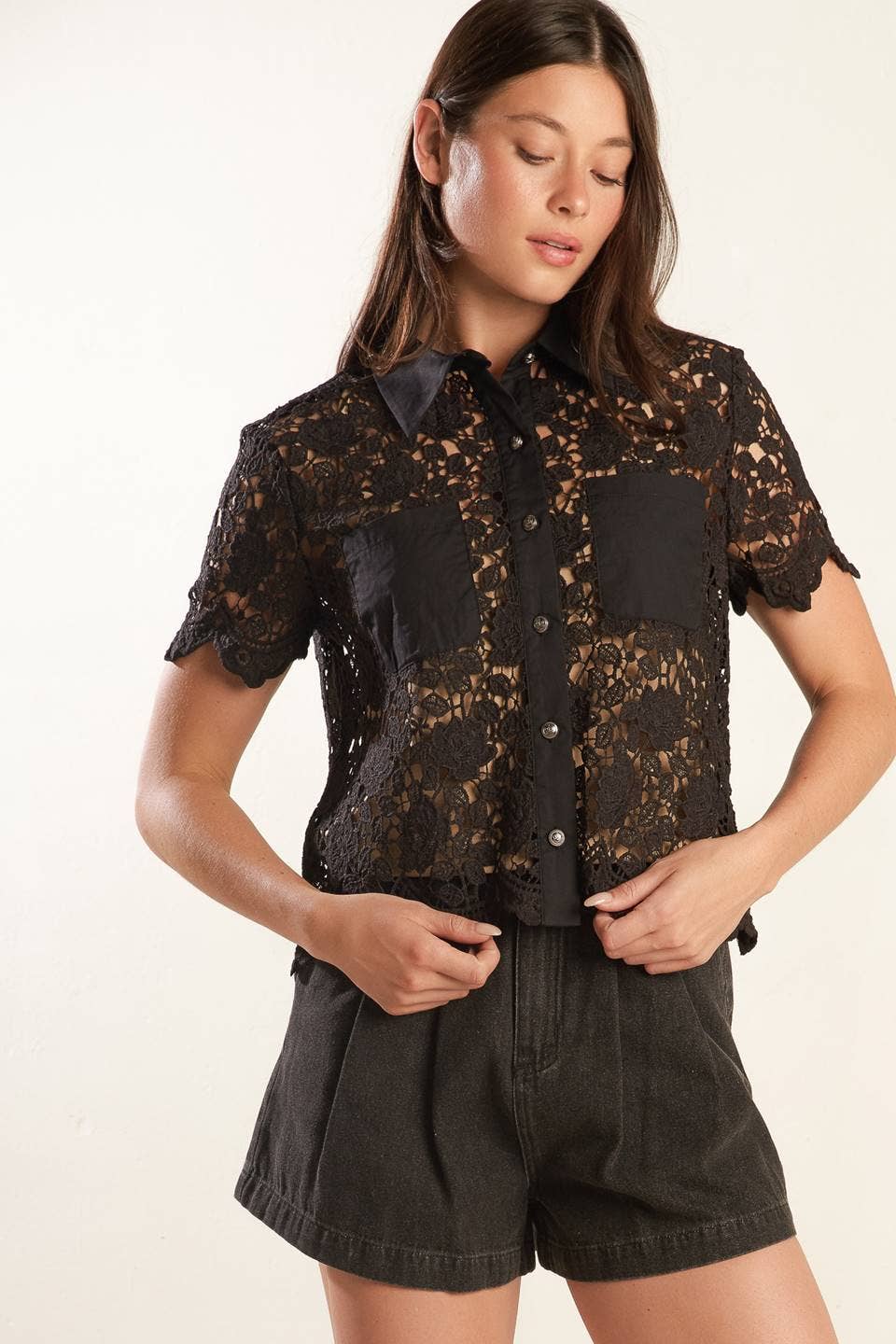 Lace button up top - FT1526: Black