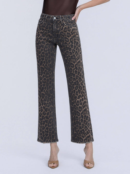 HIGH RISE LEOPARD PRINT SLIM WIDE JEANS F6381LPD: LEOPARD