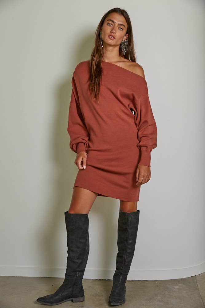 One Side Off The Shoulder Mini Dress: Terracotta