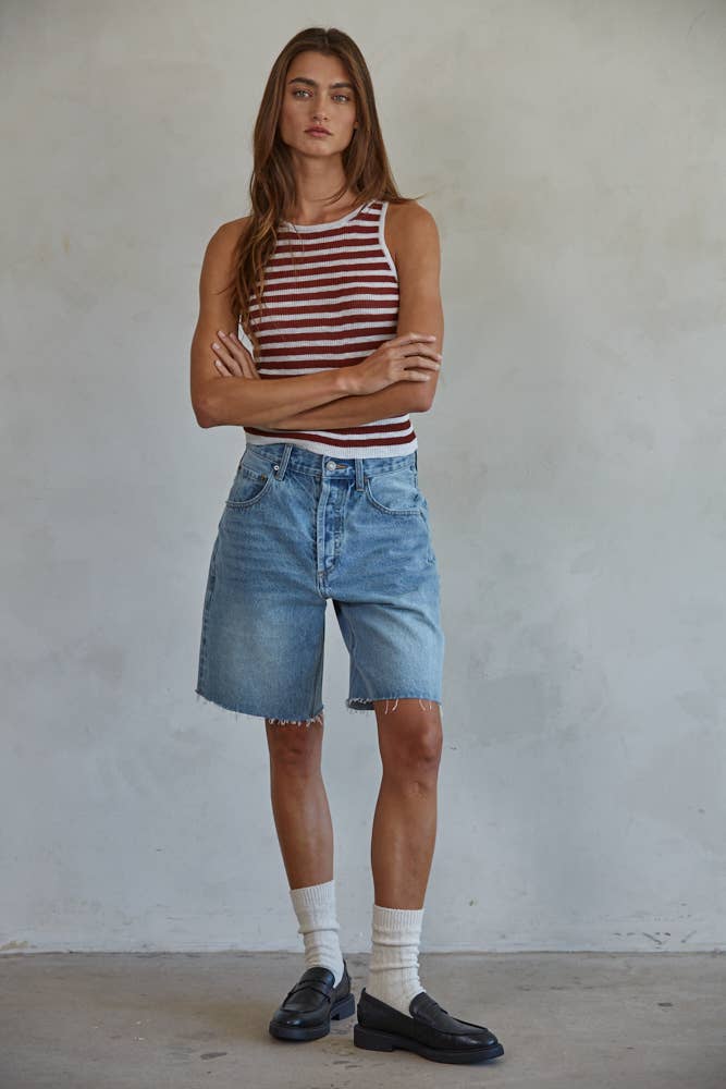Ribbed Knit Striped Tank : Rust White
