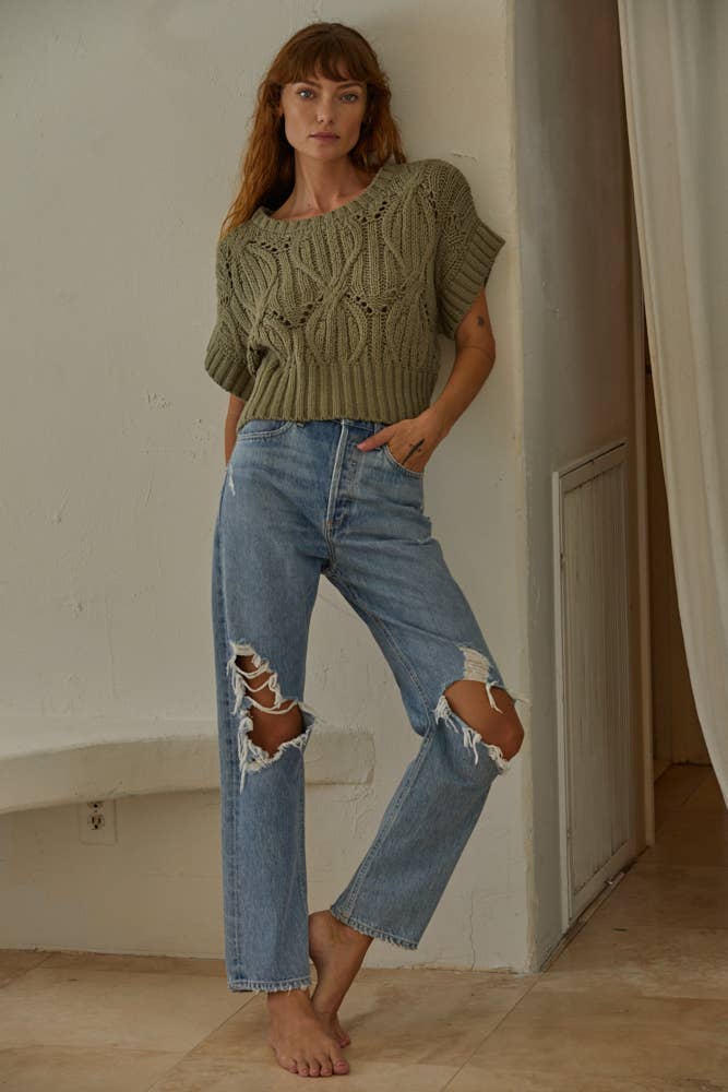 Crochet Round Neck Short Sleeve Top: Olive