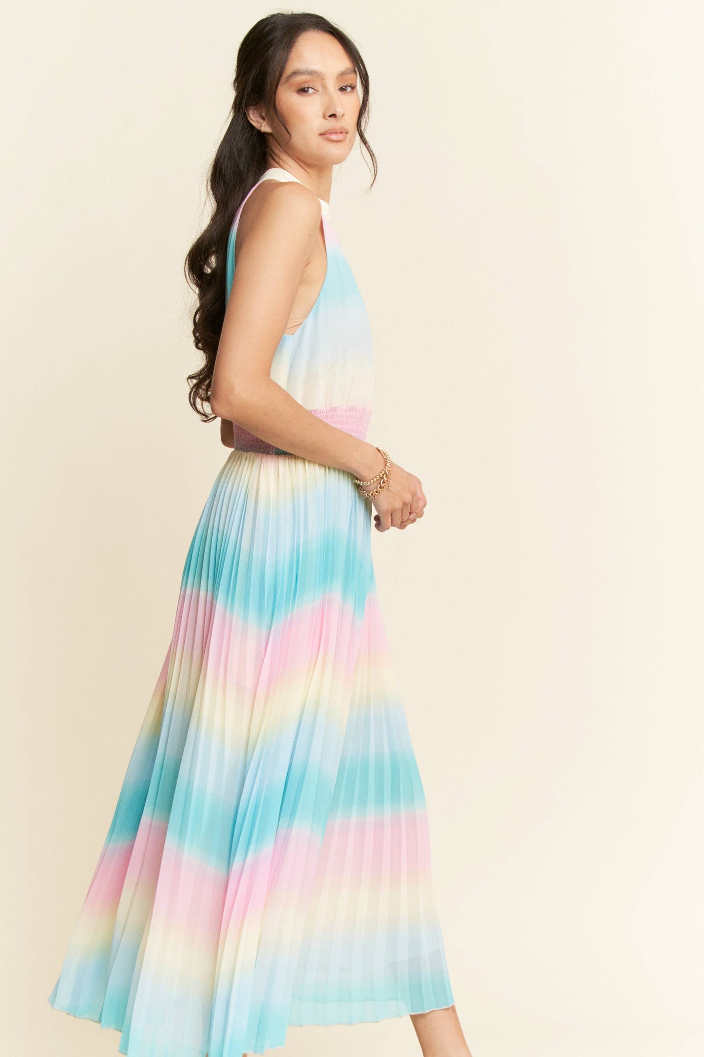 OMBRE STRIPED FULL LINED MAXI DRESS: Rainbow Combo