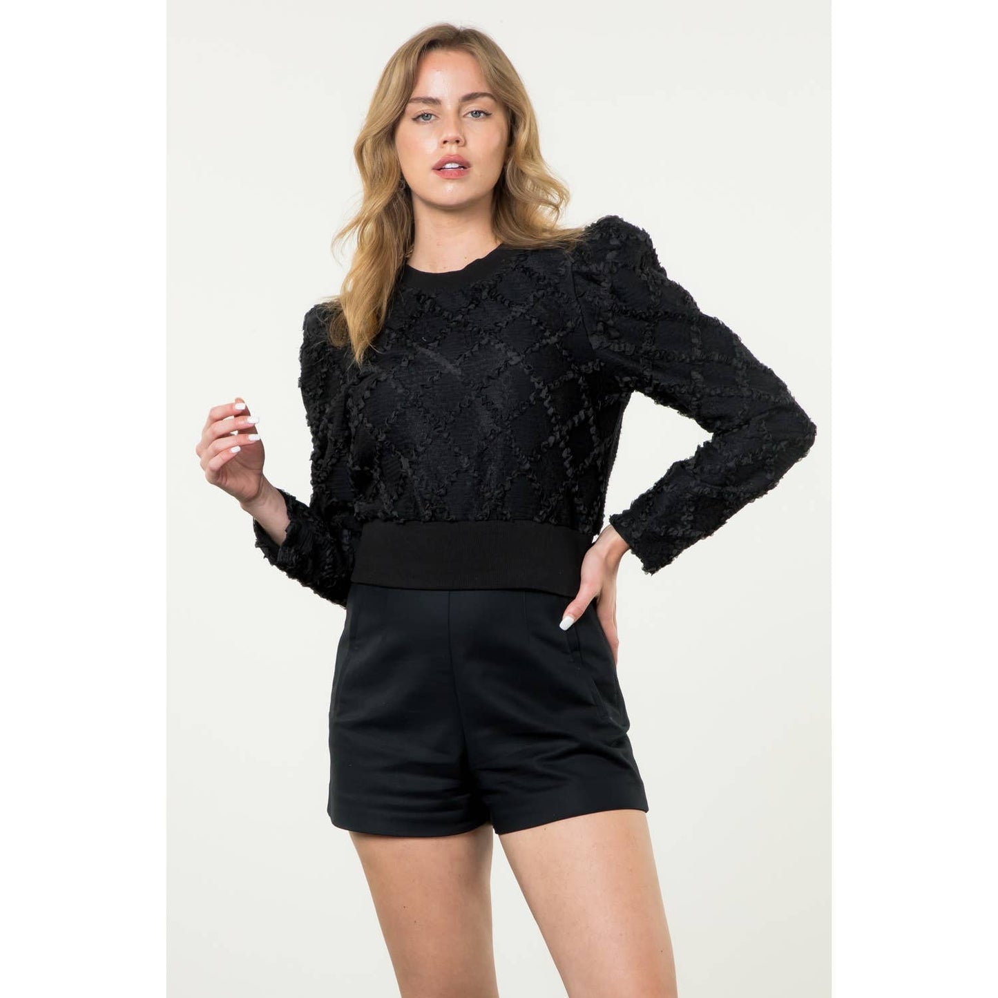 Long Sleeve Detailed Lace Top: BLACK / M