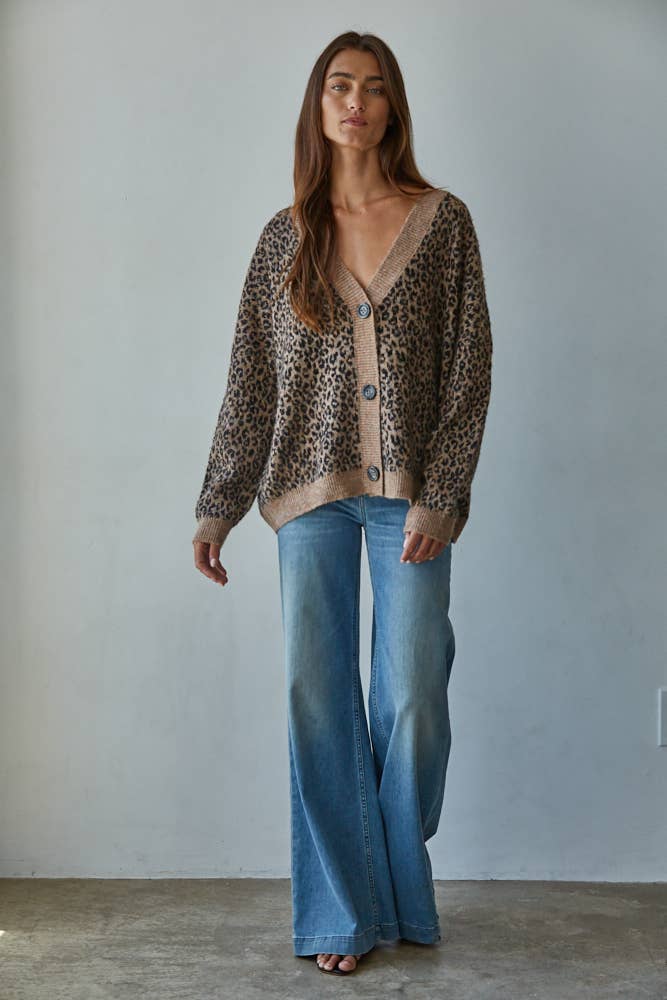 V-Neck Animal Print Cardigan: Mocha Black