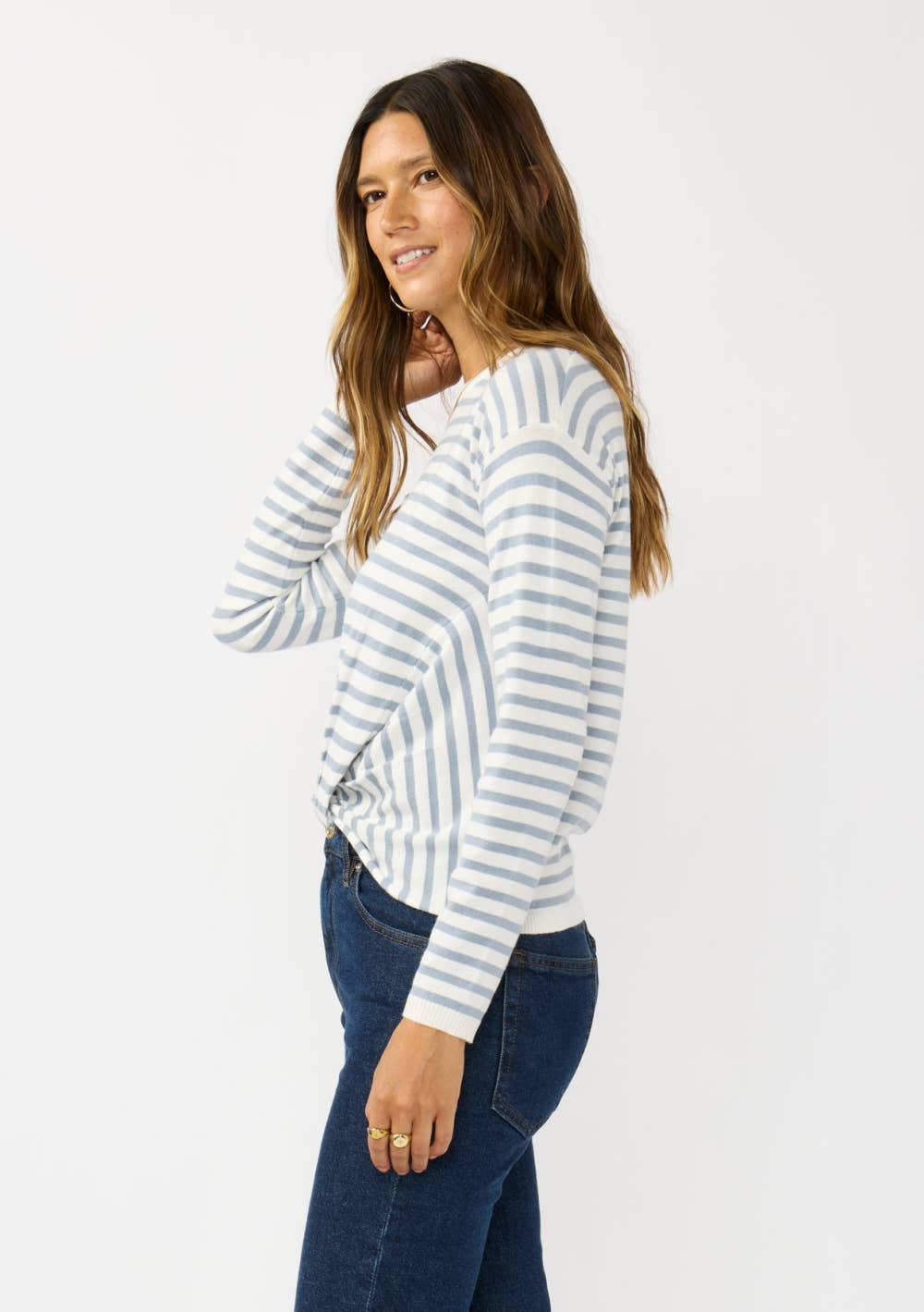Horizontal Stripe Front Knot Pullover Sweater: Ivory/Dusty Blue