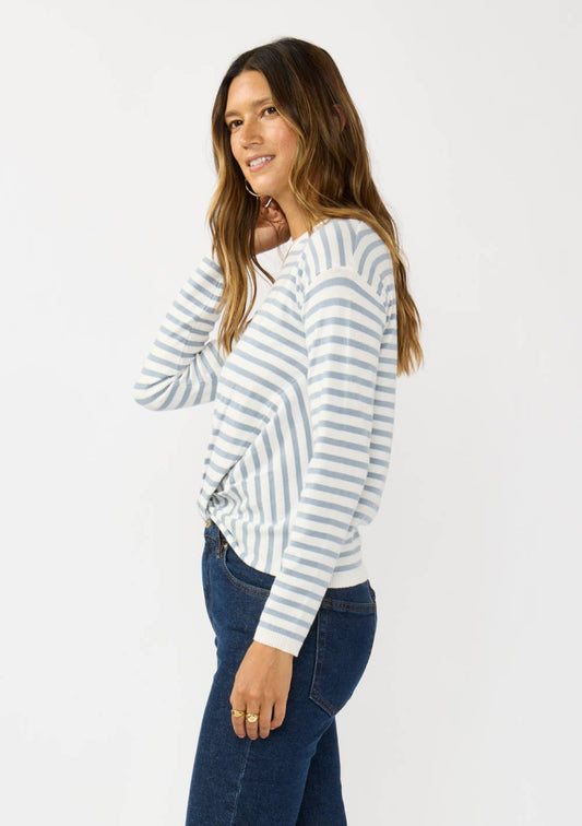 Horizontal Stripe Front Knot Pullover Sweater: Ivory/Dusty Blue