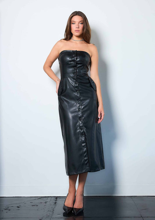 Vegan Leather Tube Top Dress: Black