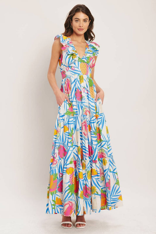 Floral V-neck maxi dress - ID23187 : BLUE MULTI