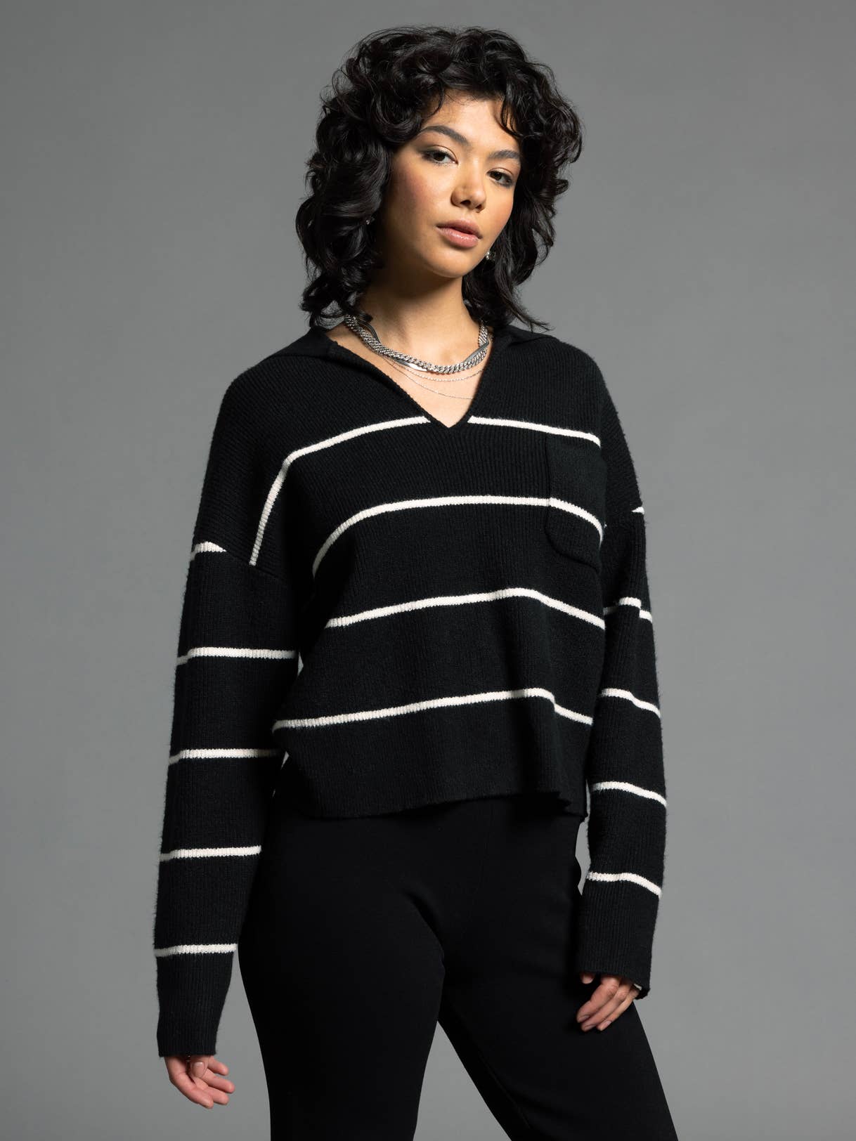 Collared Cropped Sweater - CRESSIDA SWEATER: BLACK IVORY STRIPE
