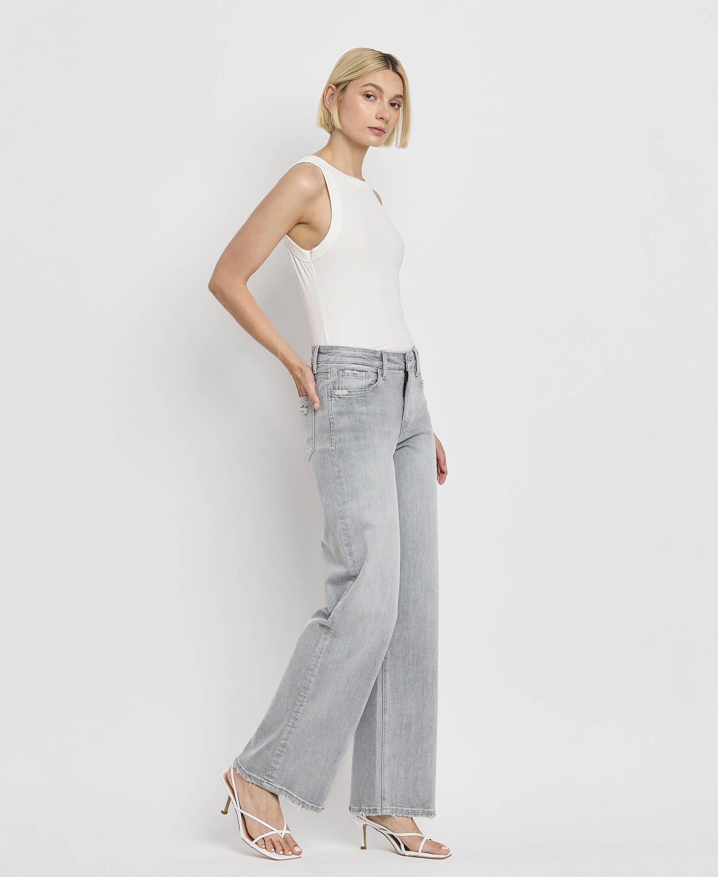 Flying Monkey High Rise Light Grey Wide Leg Jeans F5651