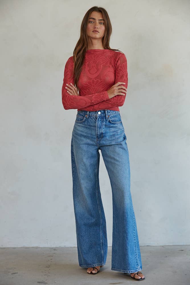 Jacquard Mock Neck Long Sleeve Top: Crimson