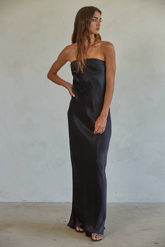 Satin Rayon Tube Strapless Maxi: Black
