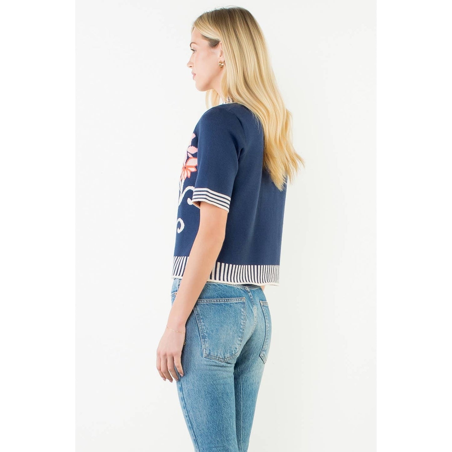 Floral Jacquard Stripe Trim Knit Top: NAVY