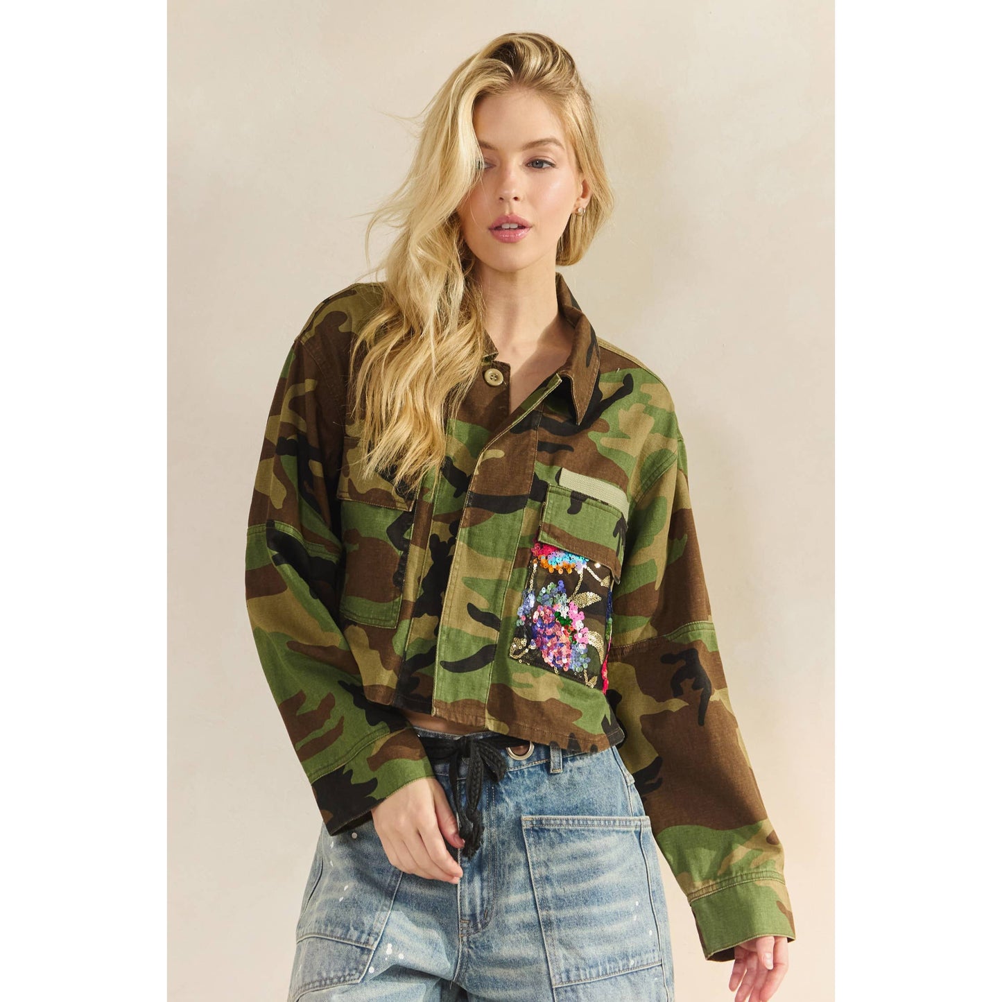 Camo/Sequin Contrast Jacket: Camo Sequin