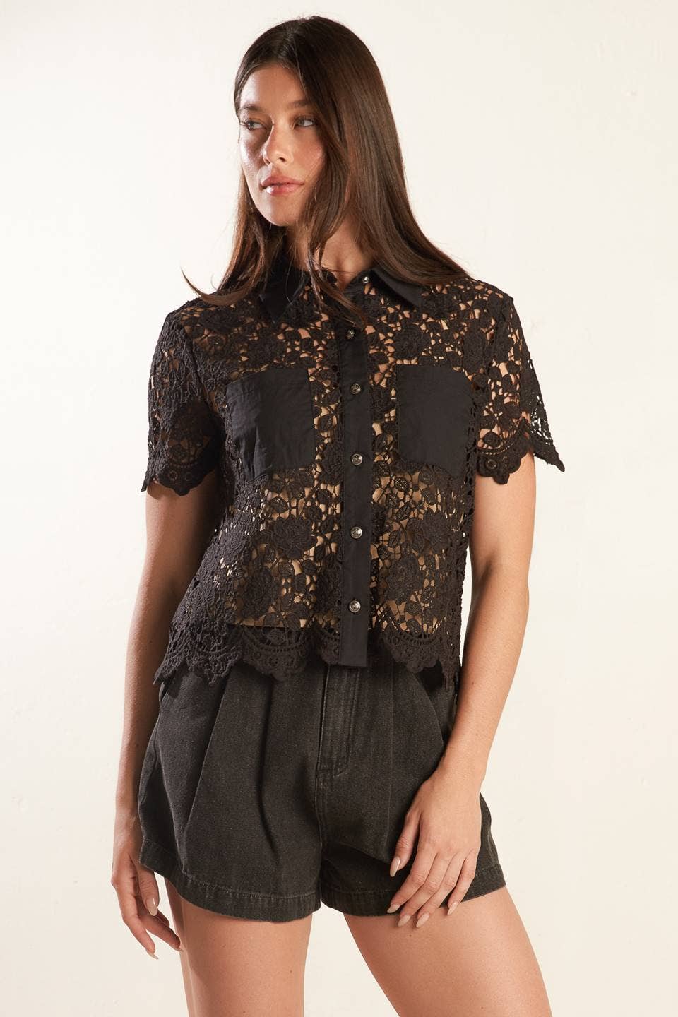 Lace button up top - FT1526: Black