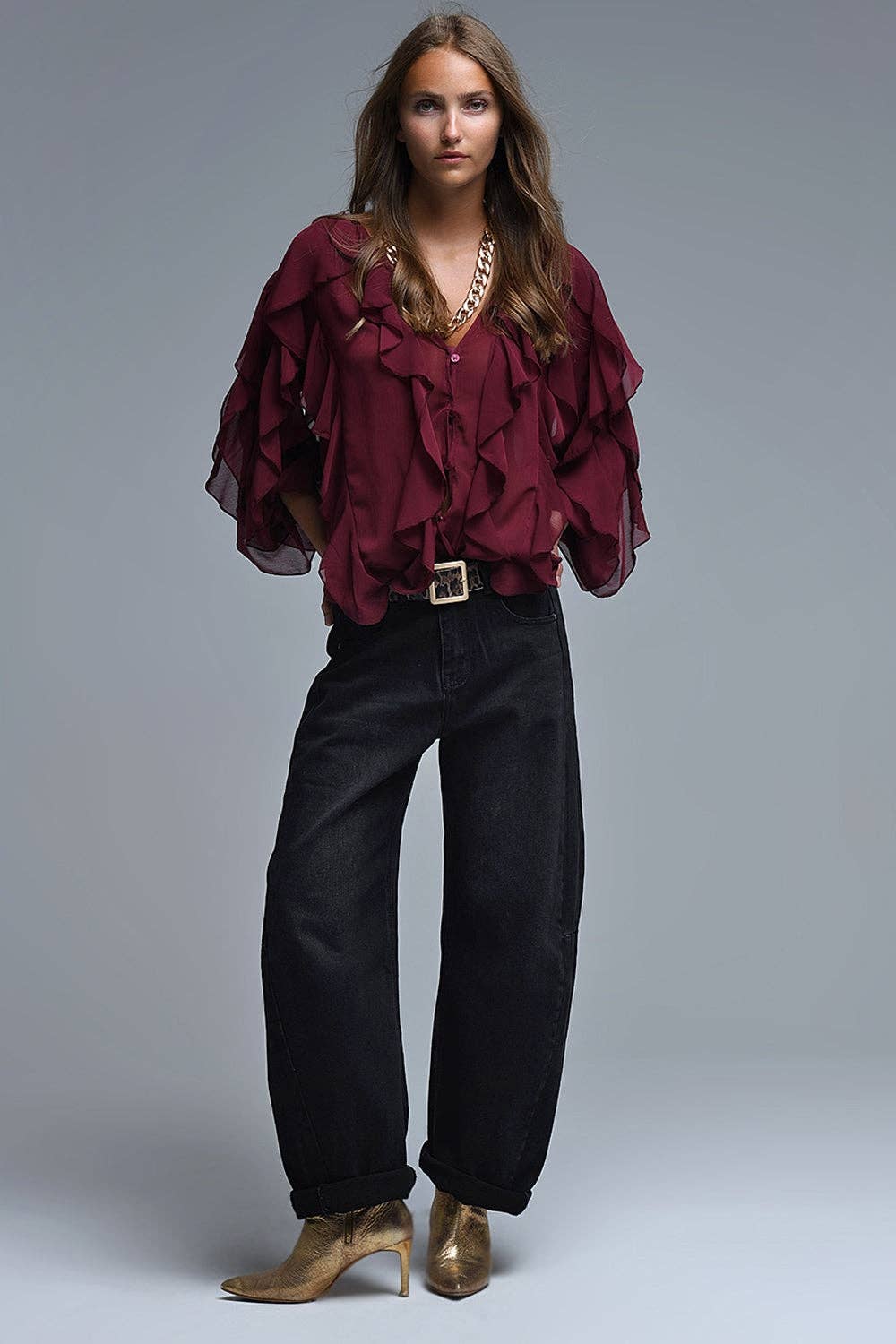 Burgundy V-Neck All Over Ruffle Blouse: MAROON / M