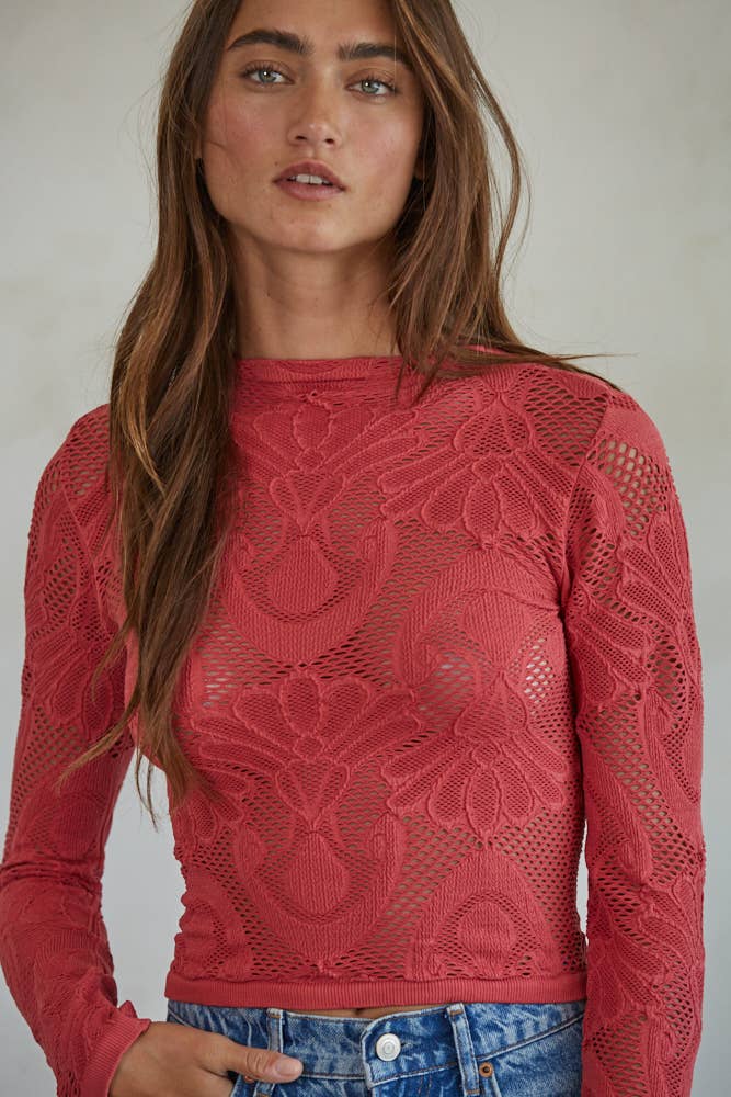Jacquard Mock Neck Long Sleeve Top: Crimson