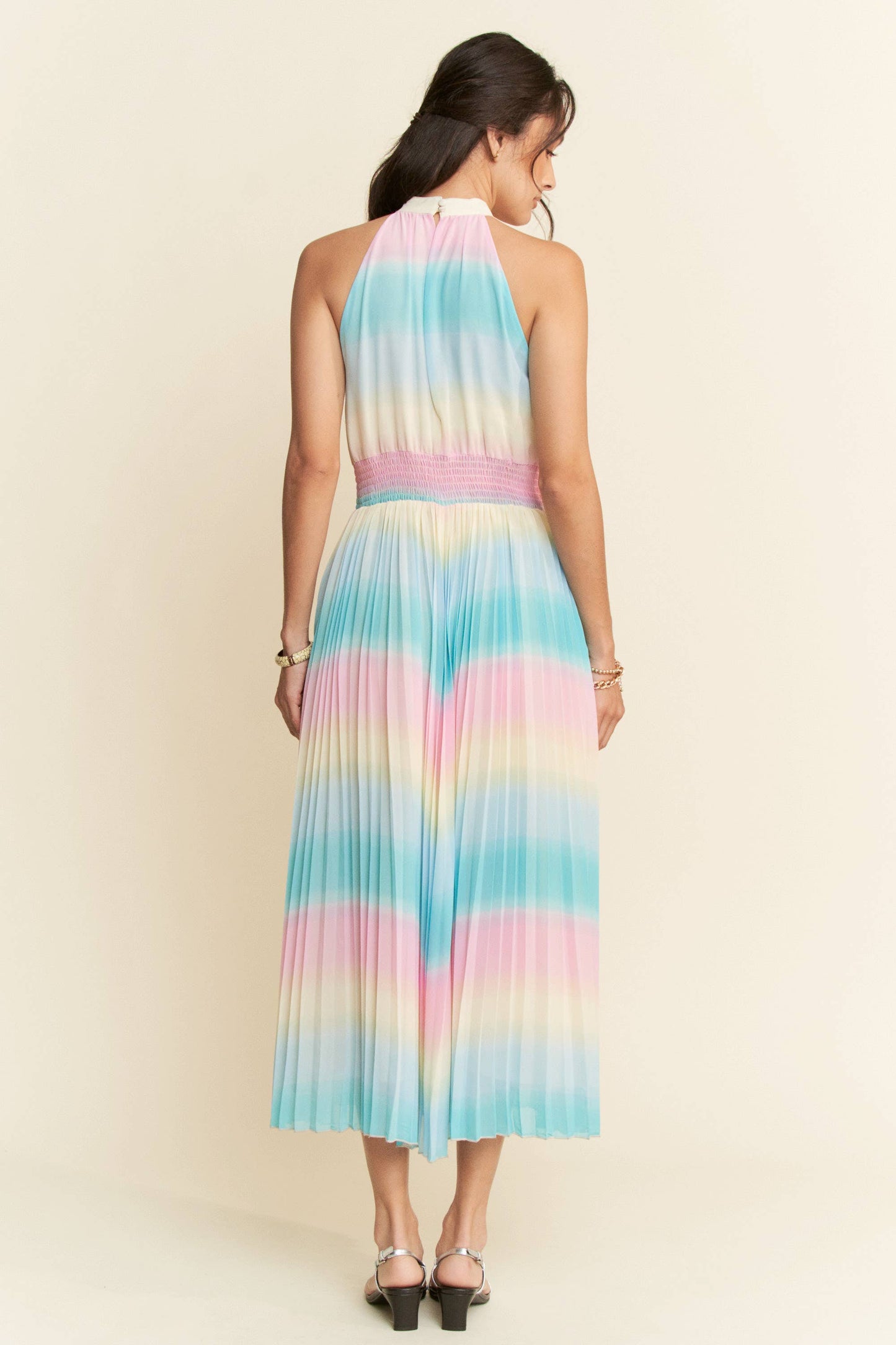 OMBRE STRIPED FULL LINED MAXI DRESS: Rainbow Combo