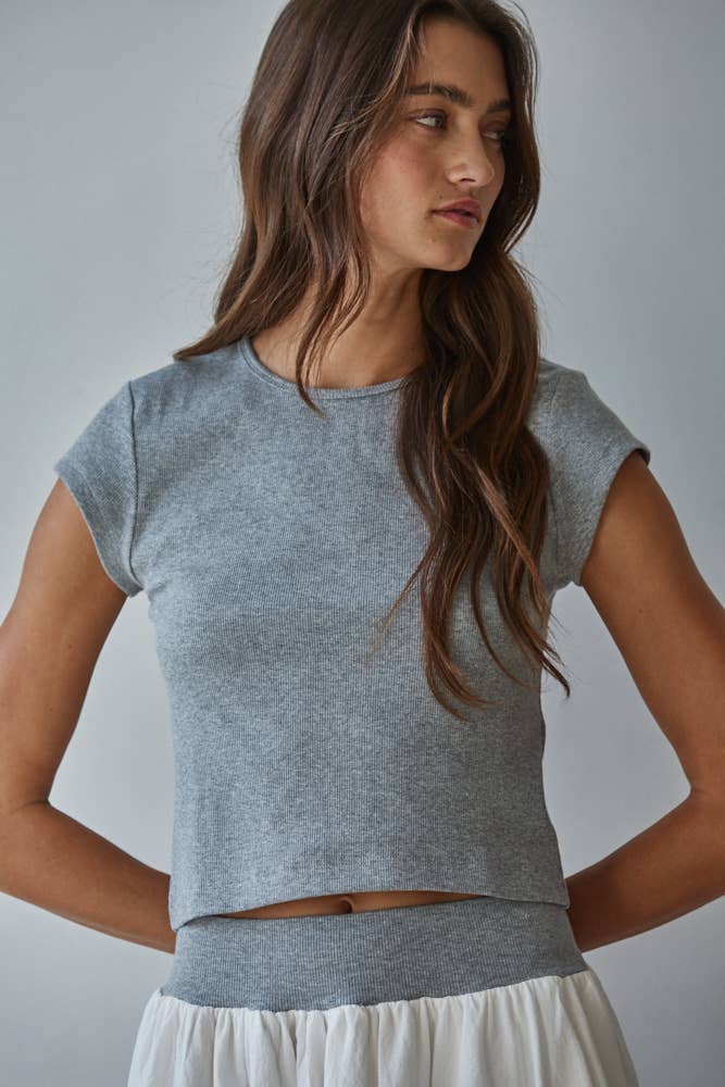Ribbed Short Sleeve Top: Heather Grey