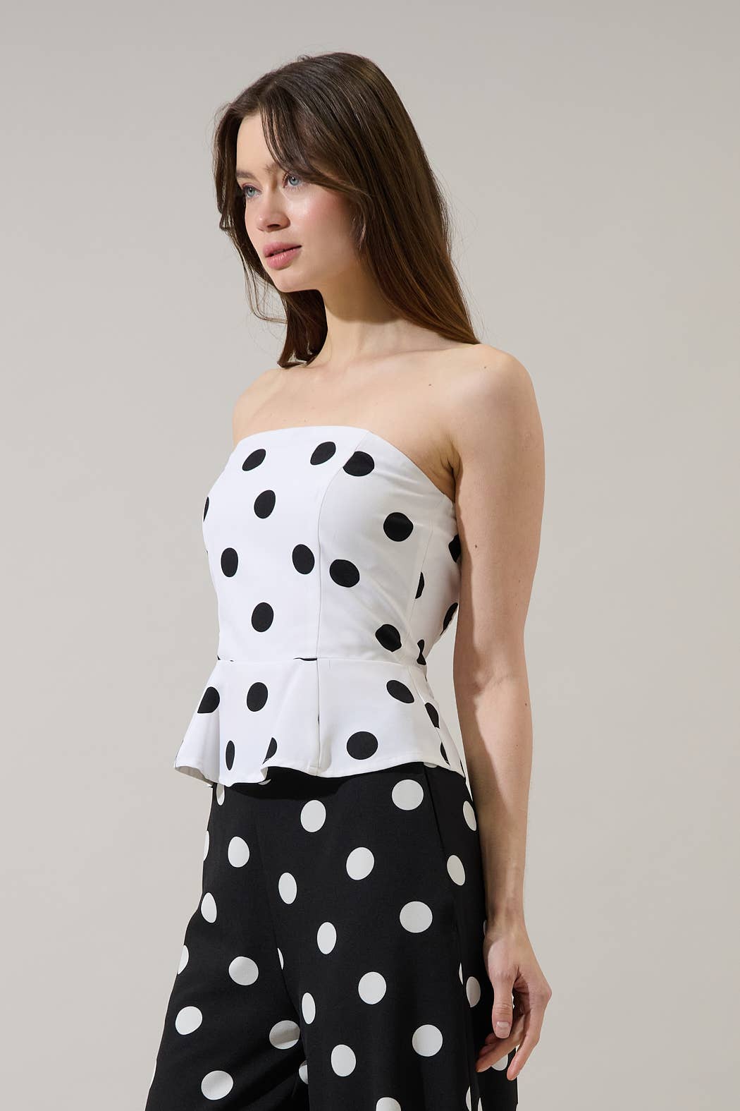 Randal Polka Dot Peplum Strapless Top: WHT-BLACK