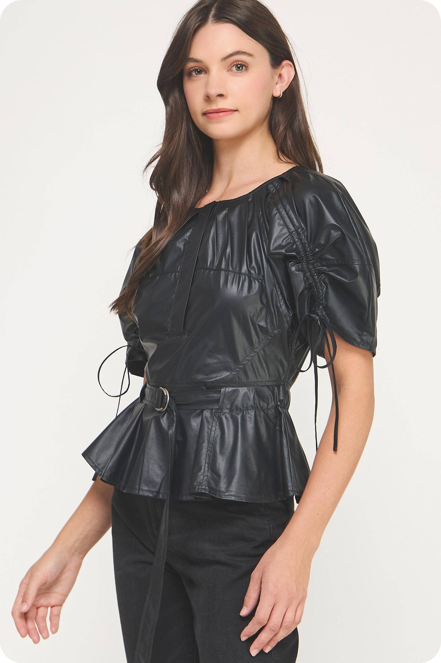 Waist Belt Pleated Faux Leather Top: Black