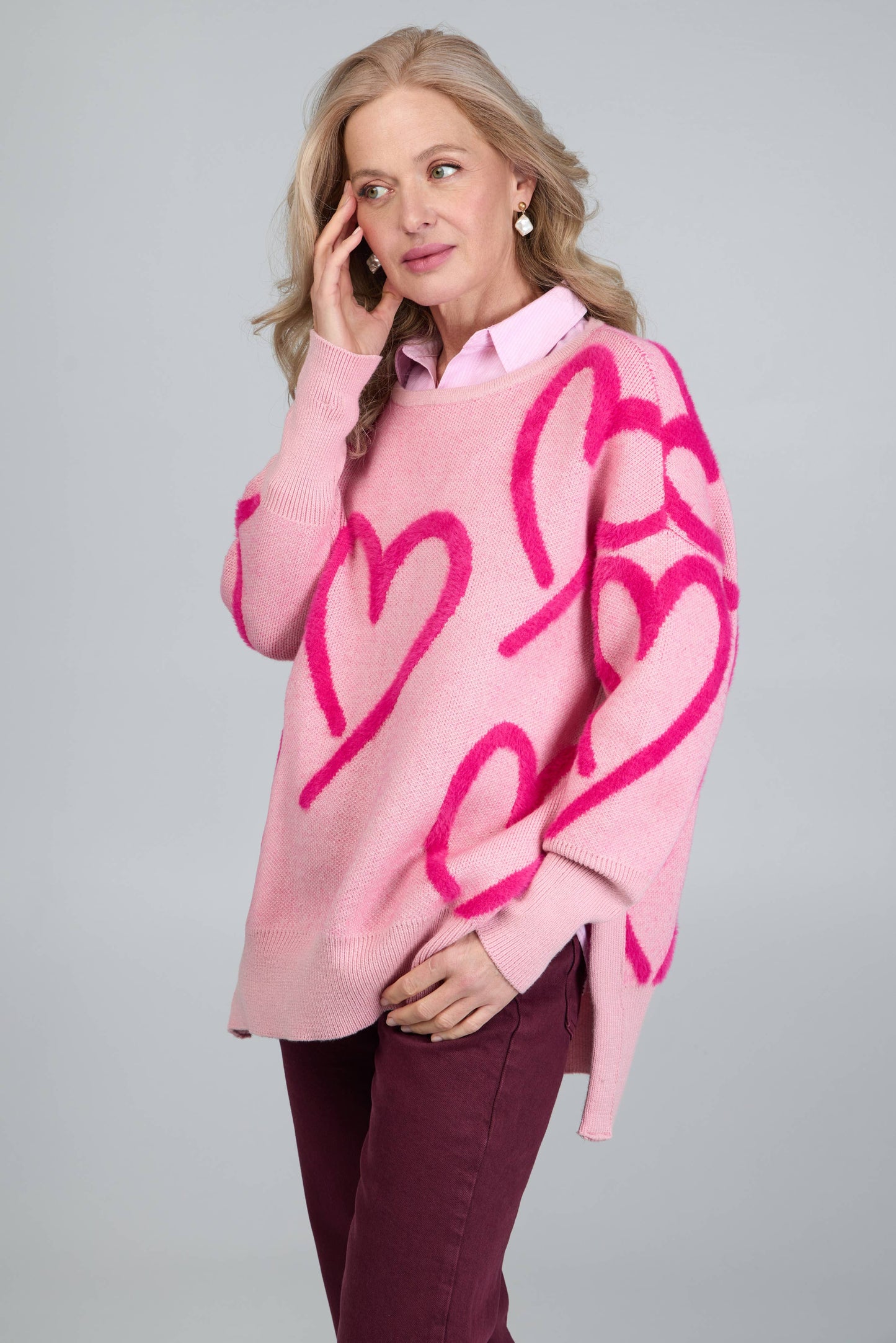 Whimsical Heart Pullover Sweater: Pink
