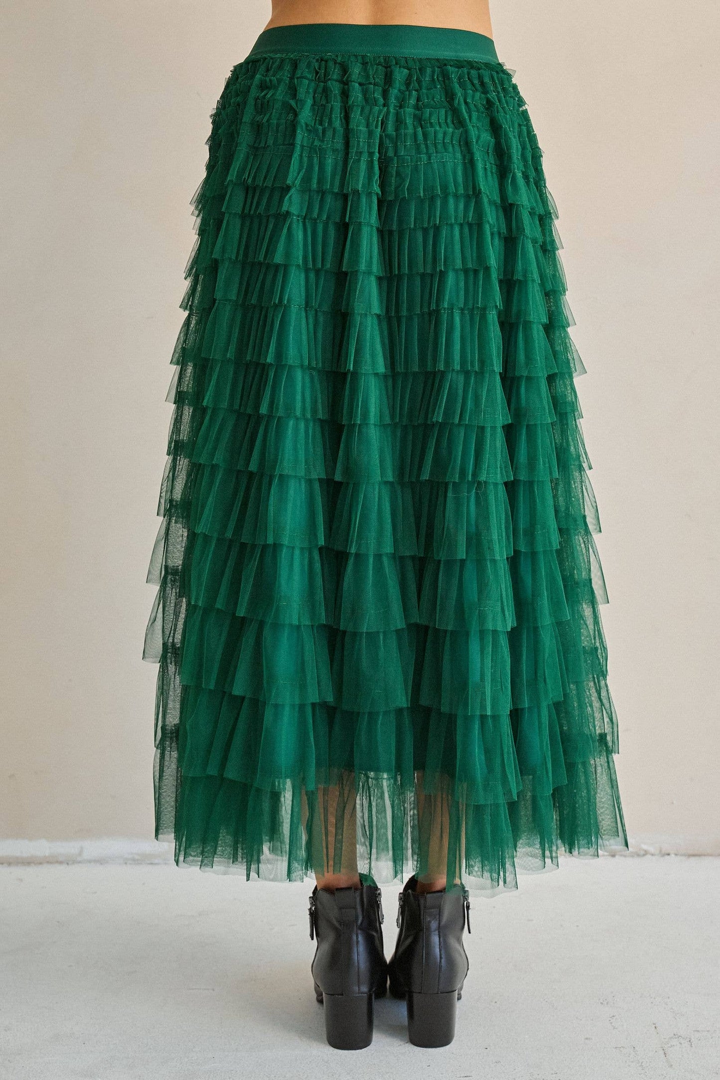 TIERED RUFFLE MESH MAXI SKIRT: GREEN