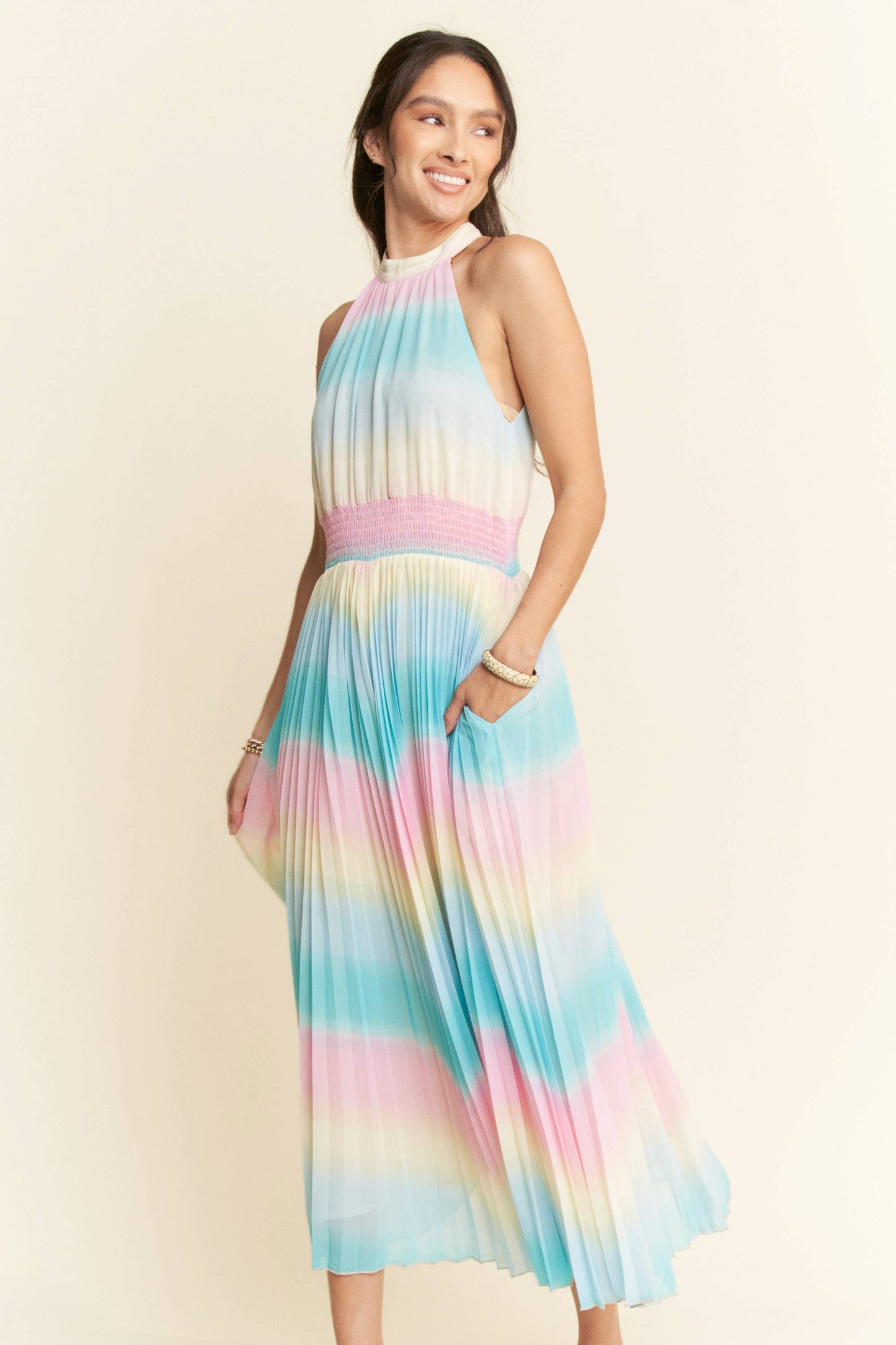 OMBRE STRIPED FULL LINED MAXI DRESS: Rainbow Combo