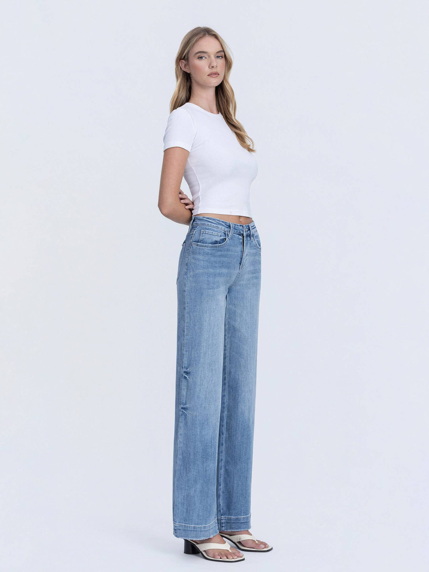 HIGH RISE MEDIUM WASH TROUSER HEM WIDE LEG JEANS F5391: PERMISSIBLE