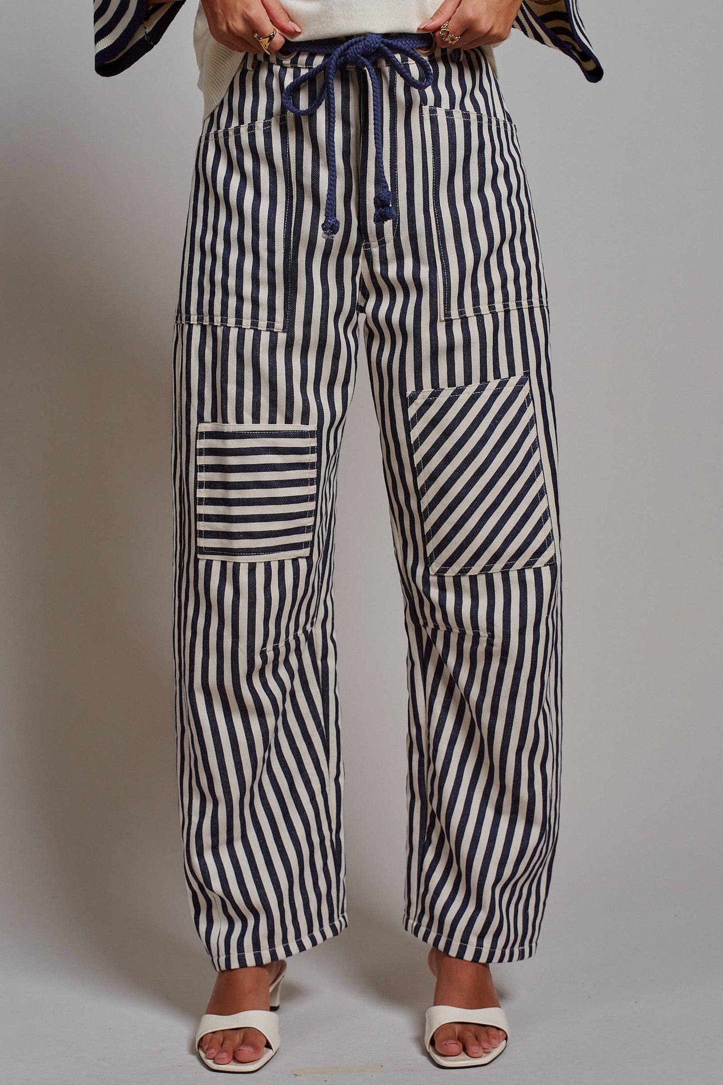 Railroad Striped Patch Pocket Spring Utility Pants: Navy