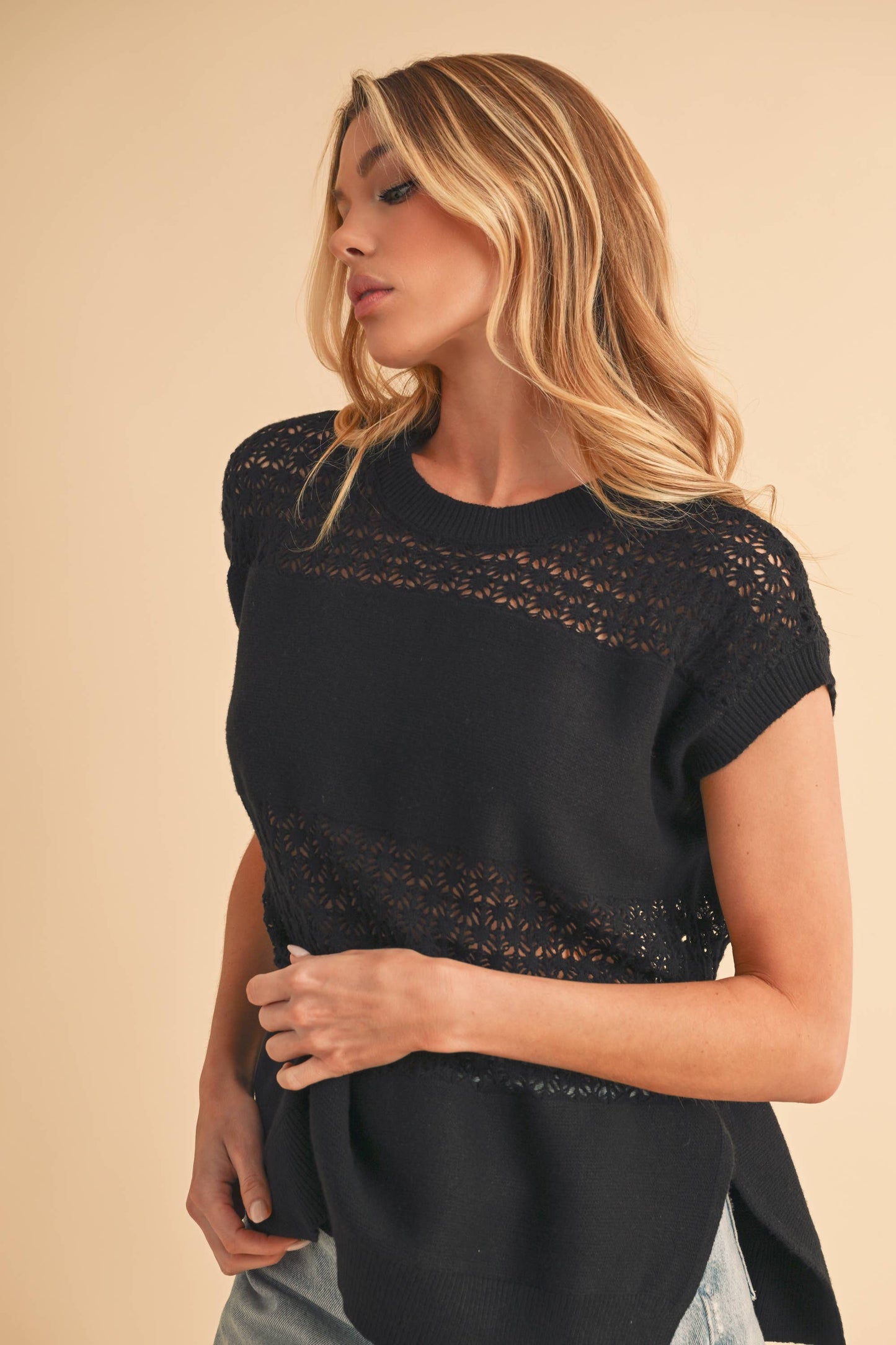Ameena Open Stitch Mesh Sleeveless Top: Black