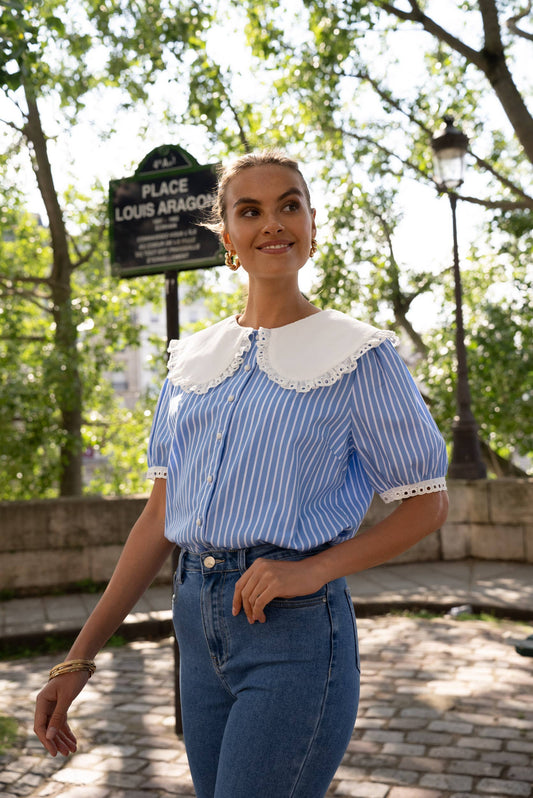Cotton shirt with Peter Pan collar and short sleeves: Sky Blue
