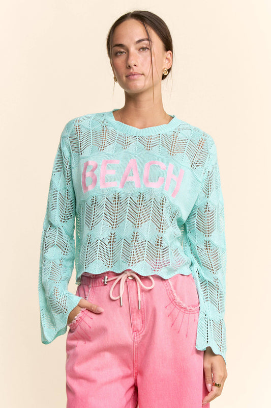PEARL STONE BEACH LETTERING CROCHET SWEATER TOP: AQUA BLUE